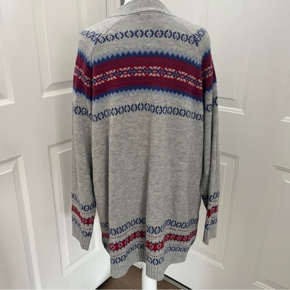 Lane Bryant Open Front Fair Isle Cardigan 14/16 Gray Red Metallic Thick Knit NWT - Picture 4 of 16